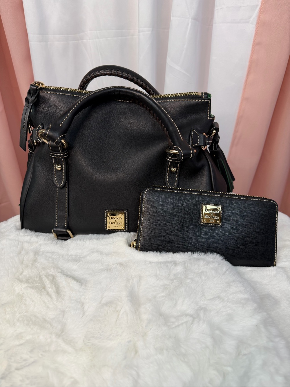 Dooney & Bourke Black Leather Satchel with Matching Black Zip Wallet